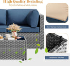 Vongrasig 5 Pieces Outdoor Sectional Furniture, All-Weather Rattan Patio Furniture Set, Wicker Patio Sectional Couch with Cushion, Glass Table, Navy Blue