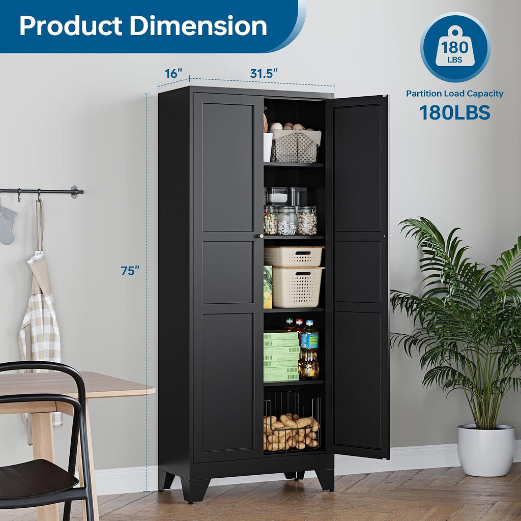 PEUKC 75" Farmhouse Metal Storage Cabinet with Doors and 4 Adjustable Shelves, Large Pantry Organizer for Kitchen, Dining Room, and Living Room,Assemble Require(Black)