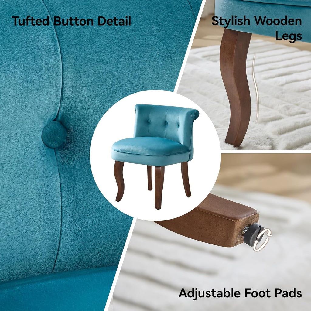 WUTUTUEE Velvet Vanity Chair with Back, Tufted Upholstered Vanity Stool with Solid Wood Legs, Mid Century Small Makeup Chair for Vanity, Accent Chair for Bedroom, Living Room, Teal