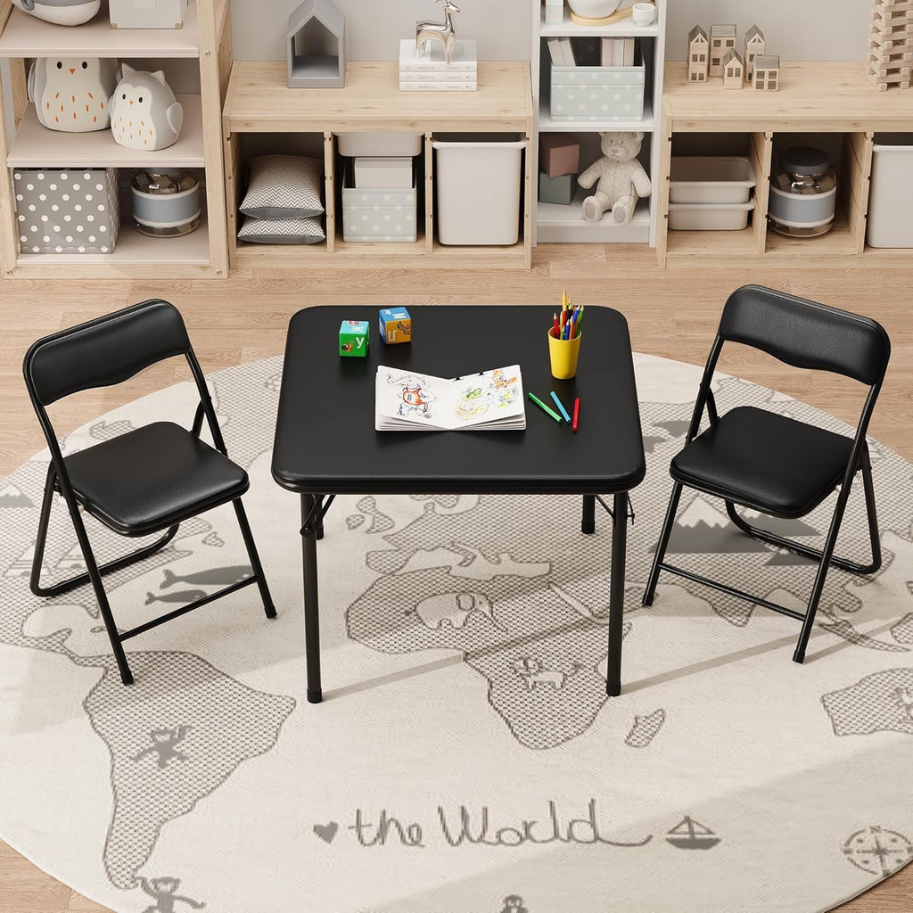 3-Piece Folding Card Table and Chairs Set for Kids, 24 Inch Square Foldable Table with 2 PU Cushion Padded Chairs, Steel Frame Space Saving Set for Game Room, Multipurpose Room, Indoor Use, Black