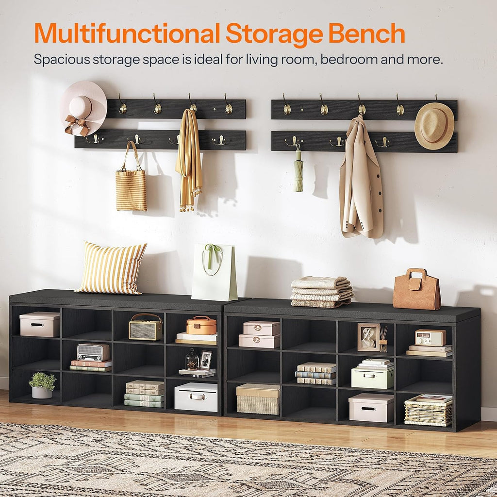 HOOBRO Shoe Storage Bench with Cushion, 39.4" L Entryway Bench with 12 Cubbies, Entryway Hall Tree with Storage, Cubby Shoe Rack Bench with Coat Rack for Hallway, Holds up to 330 lb, Black BB112HX01