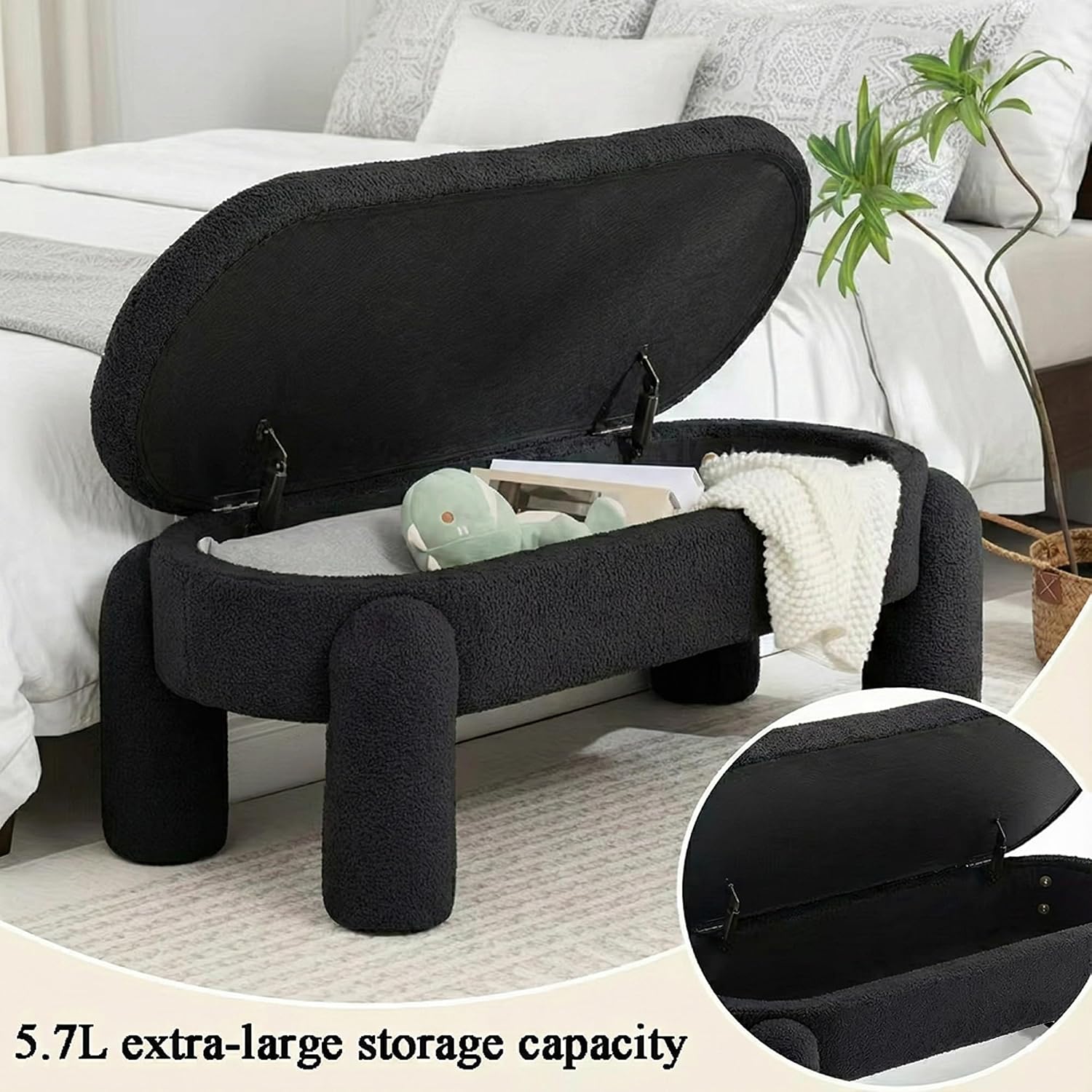 Upholstered Storage Ottoman Bench,45.1" Modern Bench,Large Sherpa Ottoman with Storage and Seating,End of Bed Bench,for Entryway, Hallway, Living Room,Bedroom (Black)