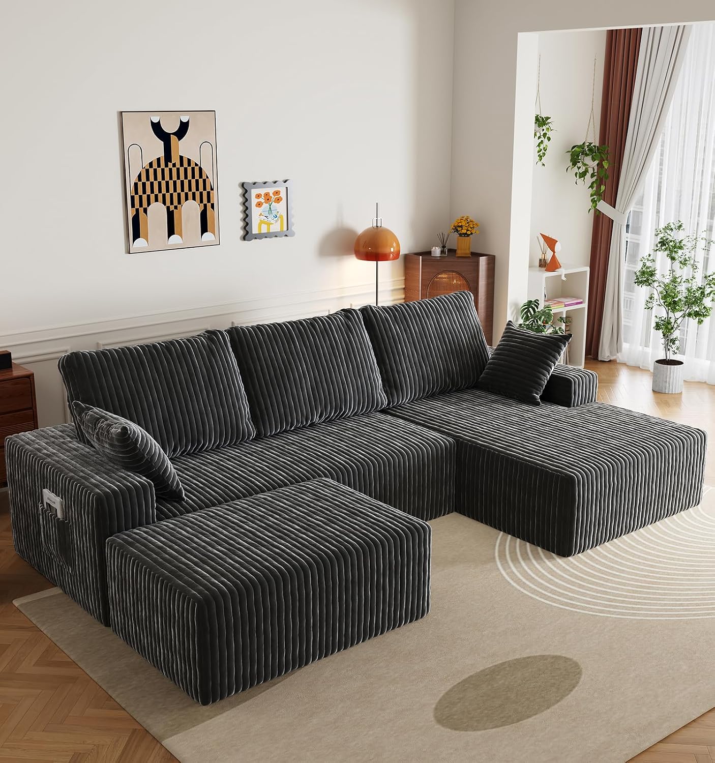 108" U-Shape Modular Sectional Cloud Couch with Ottoman, Deep Seat Couch with Oversized Chaise Lounge, Comfy Flannel Fabric Sofa for Living Room Bedroom Apartment Game Room Basement