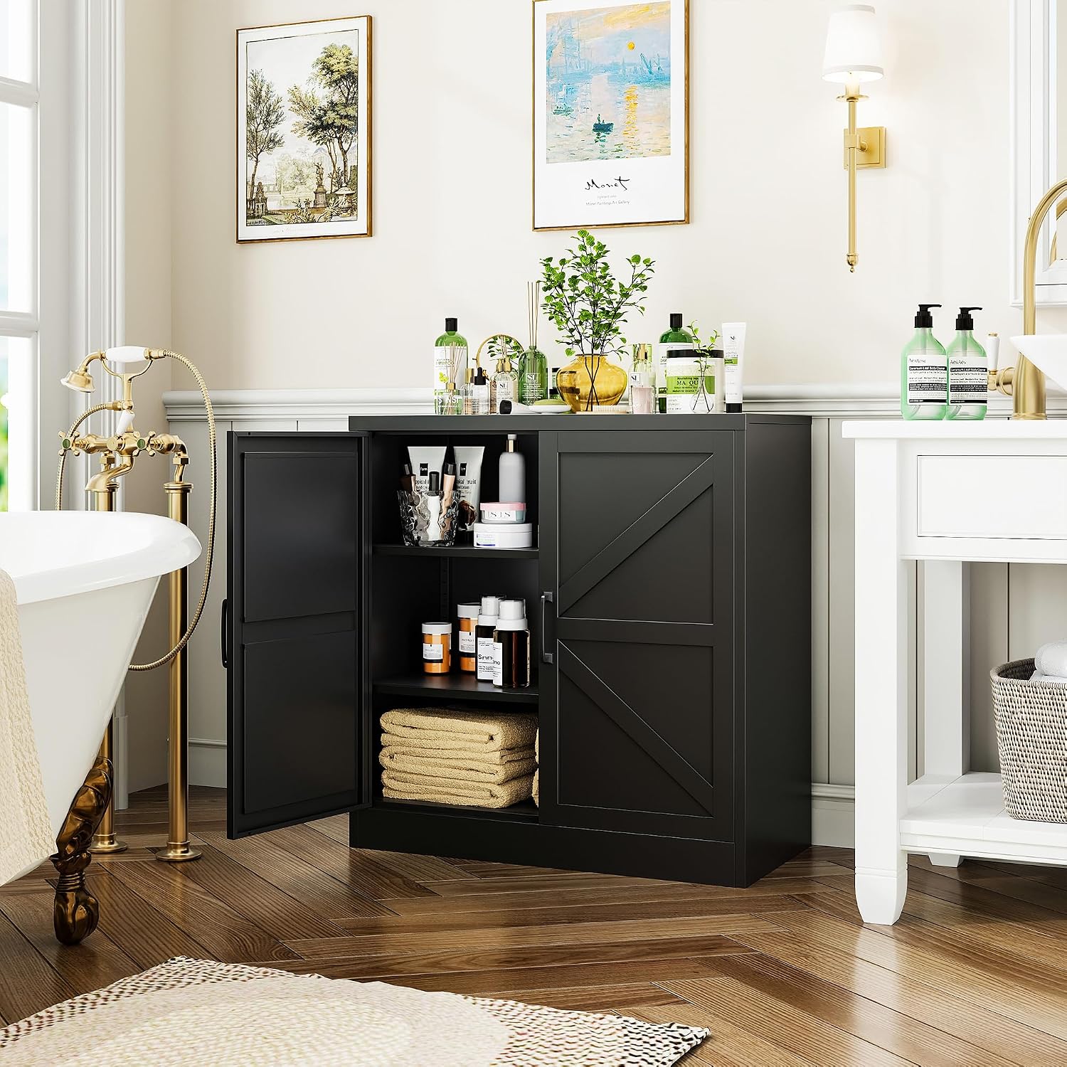 36" Metal Storage Cabinet, Farmhouse Kitchen Pantry Cabinet with Doors and Adjustable Shelves, Sideboard Buffet Cabinet,Short Storage Cabinets for Dining/Bathroom/Living/Room,Entryway, Black