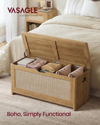 VASAGLE Boho Storage Bench with Rattan Look, Rounded Corners | Blanket Chest and Trunk with Seat for Bedroom Entryway, Natural Brown, ELLAN Collection ULSB503KC01