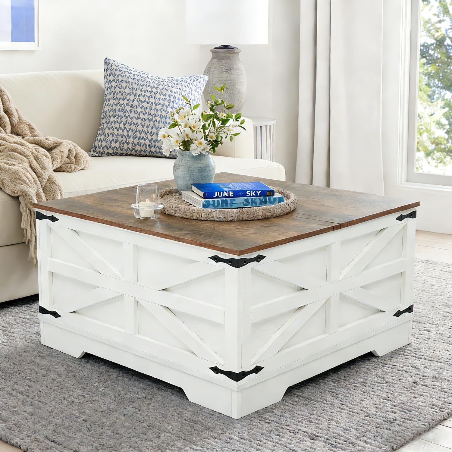 Farmhouse Coffee Table Set of 3, Lift Top Coffee Table with Sliding Barn Doors and End Tables Set of 2 with Charging Station, Living Room Table Set for Home Office, White