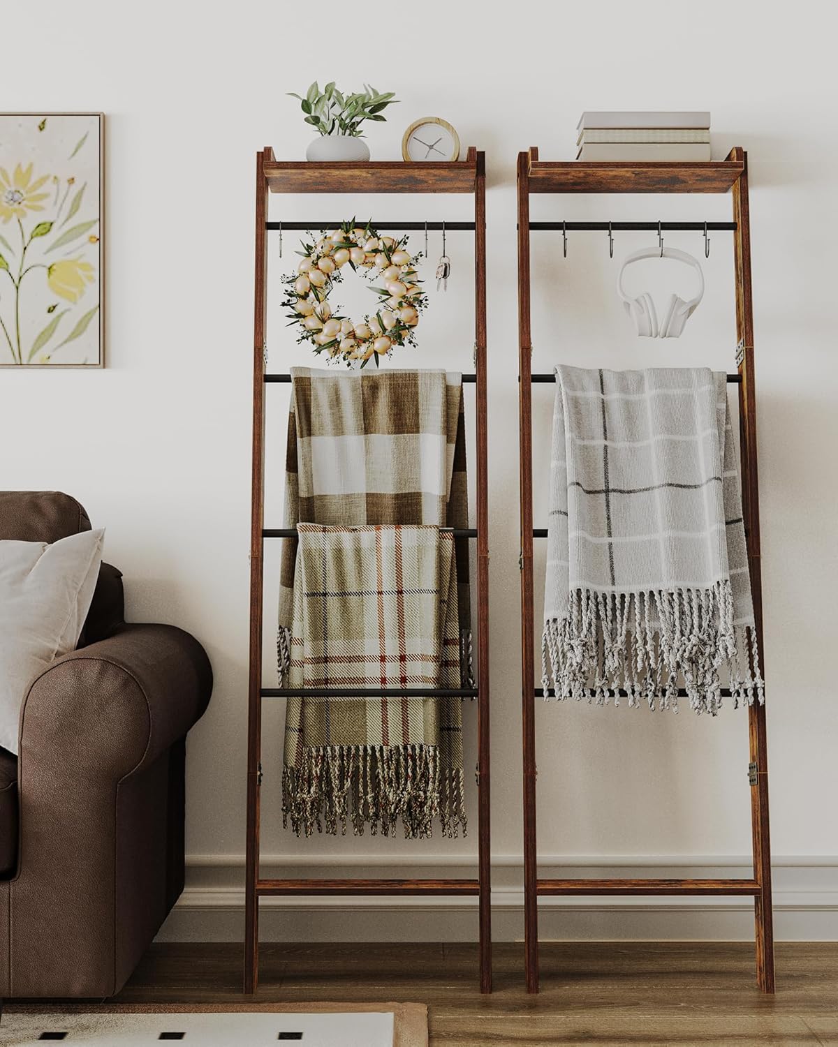 Hzuaneri Blanket Ladder Shelf, Decorative Quilt Rack, 6-Tier Farmhouse Ladder Holder Organizer with 4 Removable Hooks 7.9" D x 17.3" W x 63.4" H, Rustic Brown BR35801B