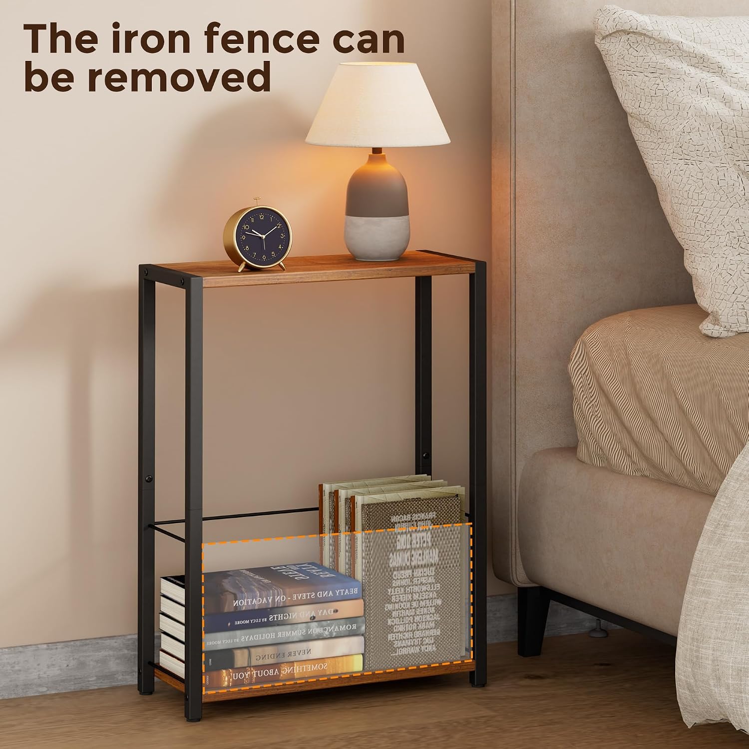 Homleke Narrow Side Table with Magazine Holder, Skinny End Table Perfect for Small Spaces, Space-Saving Design for Living Room, Bedroom, or Office, 7.1" D x 16.9" W x 23.6" H, Rustic Walnut