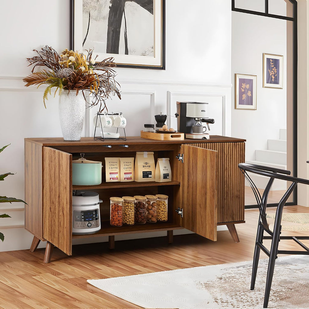 XUZENEST Fluted Sideboard Buffet Cabinet with Storage, Modern Storage Cabinet with 3 Doors, Wood Credenza Buffet Sideboards, Console Table for Kitchen Dining Living Room Entryway (Walnut)
