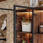 78.7" H Tall Kitchen Pantry with 3 Color LED Light, Modern Cupboard with Glass Doors, Metal Frame & Wood Grain, Large Display Storage Cabinet with Shelves for Living Dining Room, Brown
