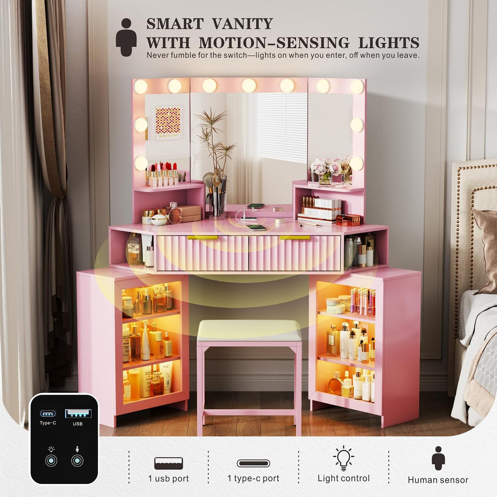 Corner Vanity Desk with LED Mirror, Power Outlet and 3 Light Modes - Pink | SKKTKT Makeup Vanity Set - Storage Drawers, Matching Chair and Corner Design for Bedroom