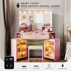 Corner Vanity Desk with LED Mirror, Power Outlet and 3 Light Modes - Pink | SKKTKT Makeup Vanity Set - Storage Drawers, Matching Chair and Corner Design for Bedroom