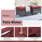 Outdoor Ottoman Set of 2 - PE Wicker Rattan Ottoman Patio Footstool for Deck Porch Balcony Garden - Grey/Red