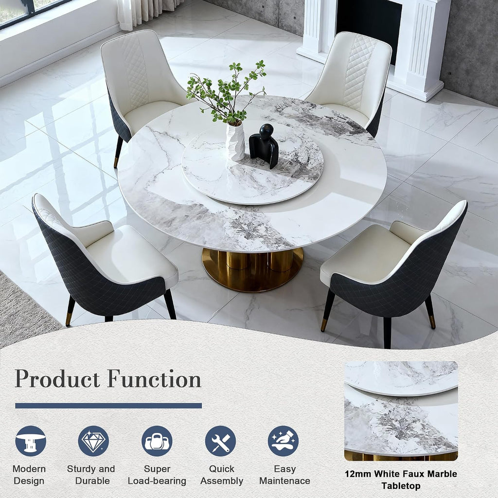 59" D Round Dining Table with 31.5" Detachable Lazy Susan, Modern Sintered Stone Dining Table for 8 Seat, Artificial Marble Dining Room Table Kitchen Table with Stainless Steel Base for Home