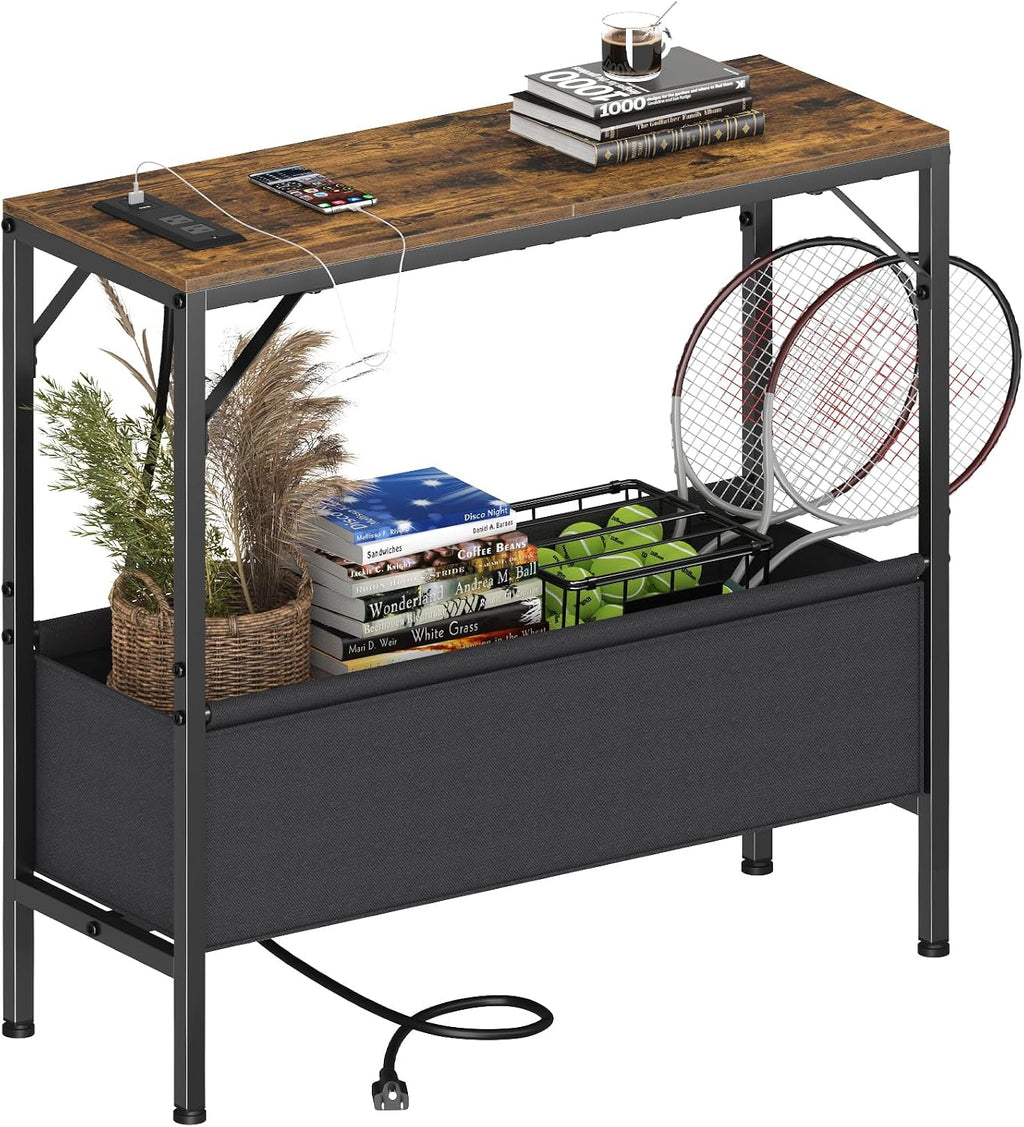Asgolion 31.5" Console Table, 9.5" D Entryway Table with Power Outlets & USB Ports & Fabric Basket, Narrow Sofa Table for Hallway, Foyer, Living Room, Rustic Brown
