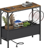 Asgolion 31.5" Console Table, 9.5" D Entryway Table with Power Outlets & USB Ports & Fabric Basket, Narrow Sofa Table for Hallway, Foyer, Living Room, Rustic Brown