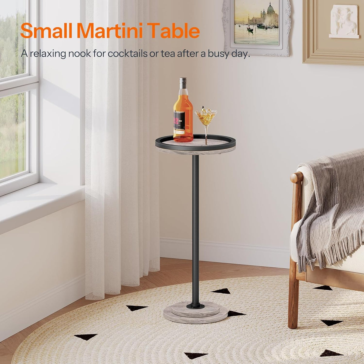 HOOBRO Small Round Side Table, Drink Table, Coffee Martini Table with Pedestal Accent for Small Spaces in Living Room, Bedroom, Sofa Couch, Greige and Black BG168BZ01