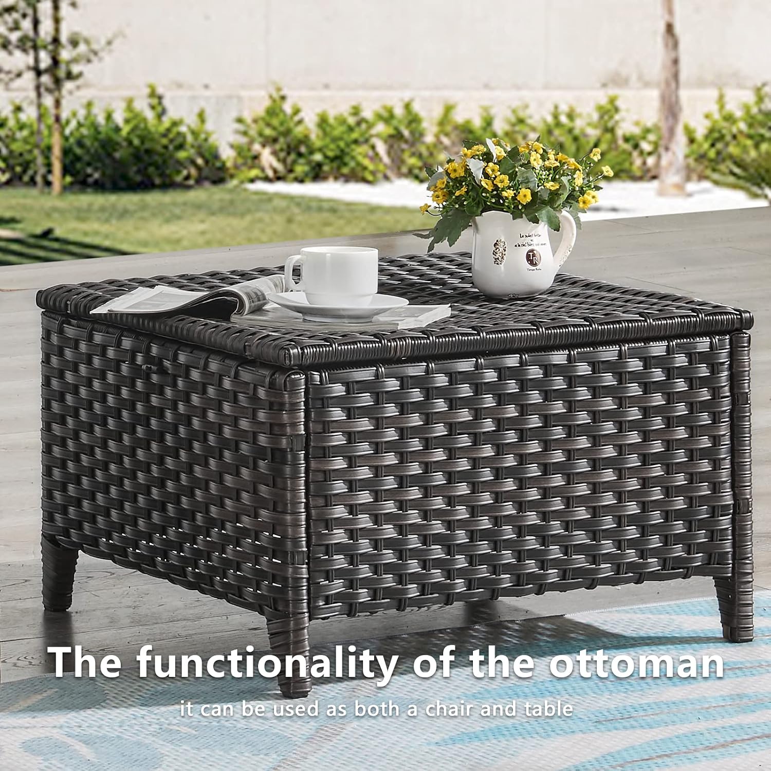 Rilyson Luxury Outdoor Wicker Patio Ottomans Set of 2, 250 lbs Capacity Rattan Large Ottomans for Patio Footrest Set 22.8in*22.8in*14in with 3.5in Thick Cushion (Brown/Beige)