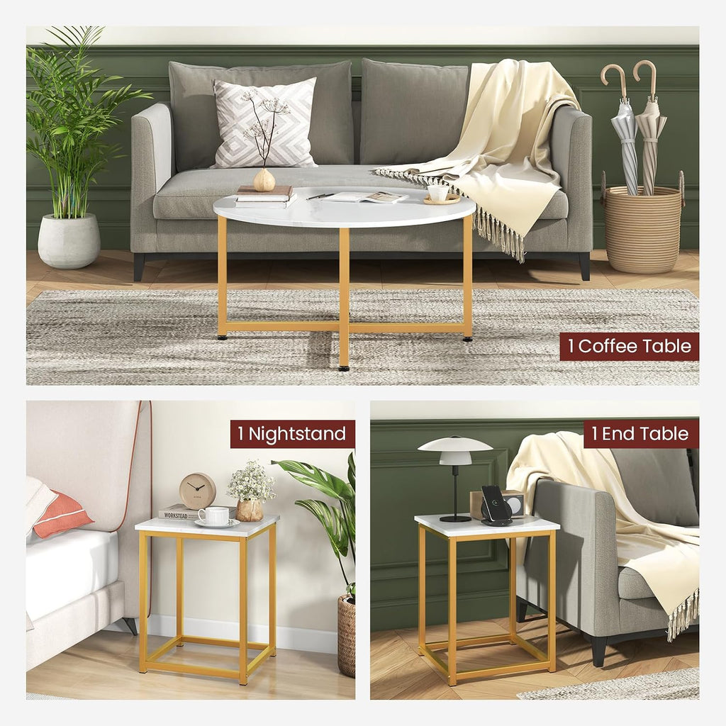 GIANTEX Round Nesting Table Set of 3, Wood Living Room Table Set, White | Modern Faux Marble Coffee Table w/2 End Tables, Sturdy Metal Frame, 3-Piece Coffee Table for Living Room