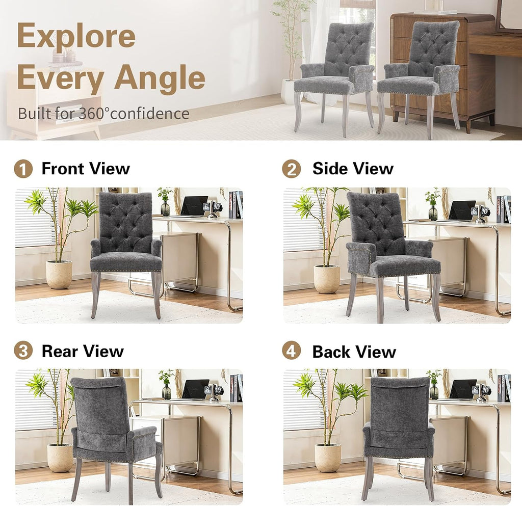 cinkehome Upholstered Dining Chairs, Dining Room Kitchen Chair with Armrest and Solid Wood Leg, Mid Century Modern Side Chairs (Gray, Chenille)