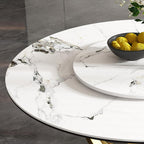 Montary 59” Modern Round Dining Table for 6-8 Seat, Artificial Marble Dining Room Table with Lazy Susan, 3 Gold Circles Stainless Steel Base, Sintered Stone Top Dining Table (Only Table)