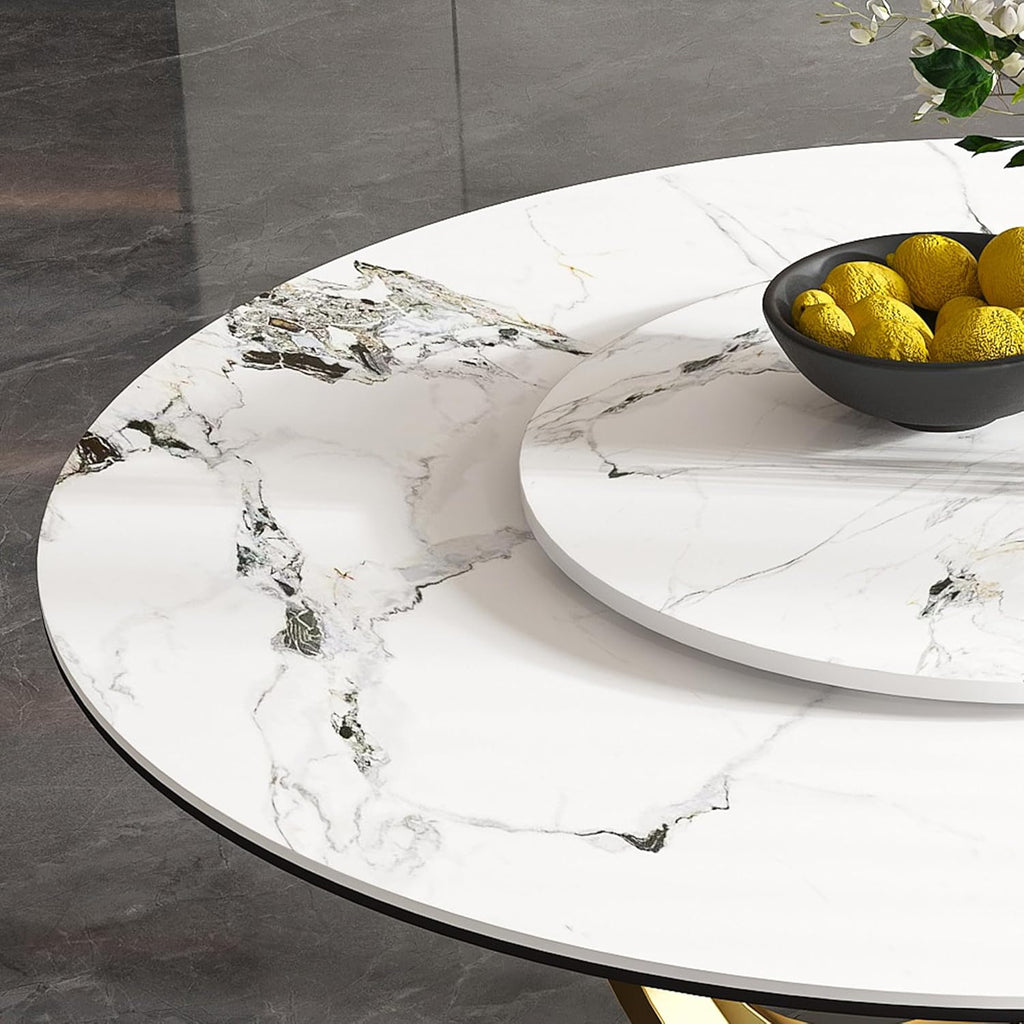 Leavader 59" Round Sintered Stone Dining Table with 31.5" Detachable Turntable Design, Modern White Artificial Dining Room Table for 6-8 (White & Golden 2)
