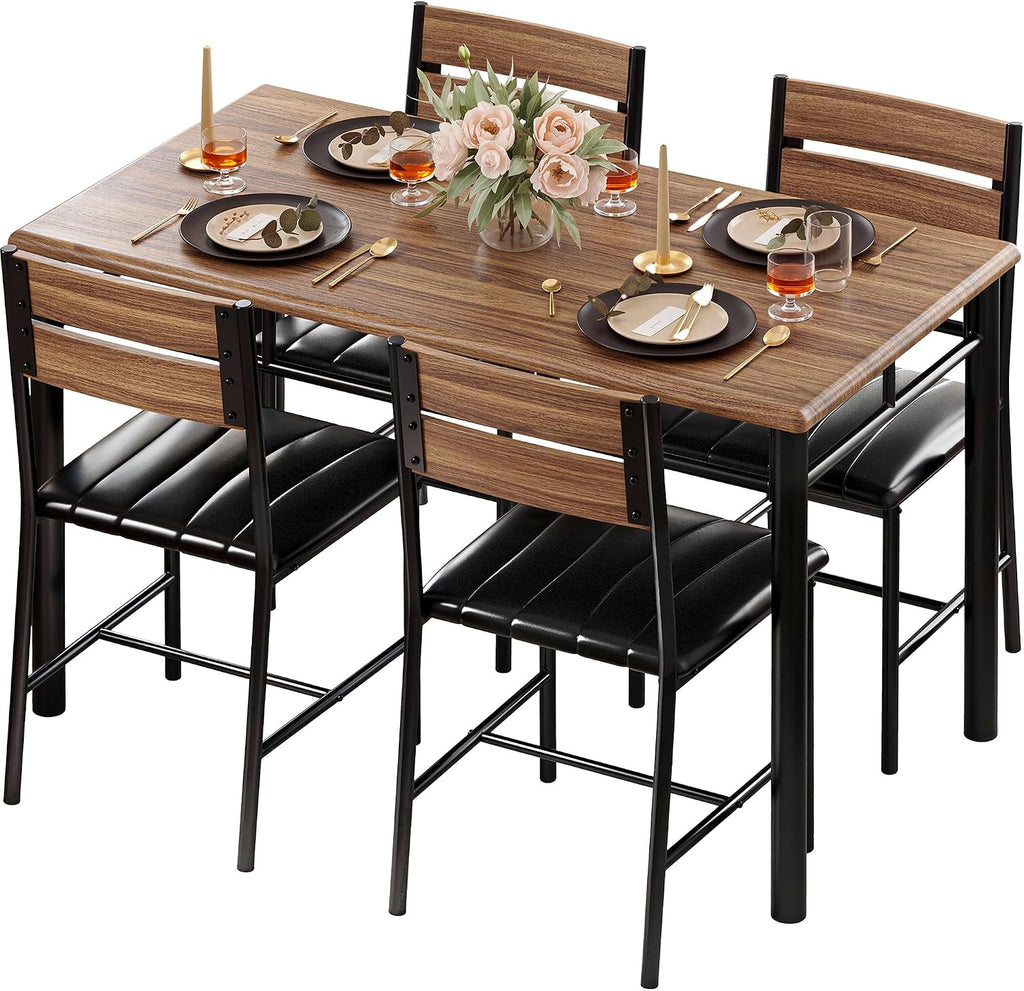 IRONCK Dining Table Set for 4, Walnut | Wood Kitchen Table with Upholstered Chairs for Kitchen Room and Small Spaces