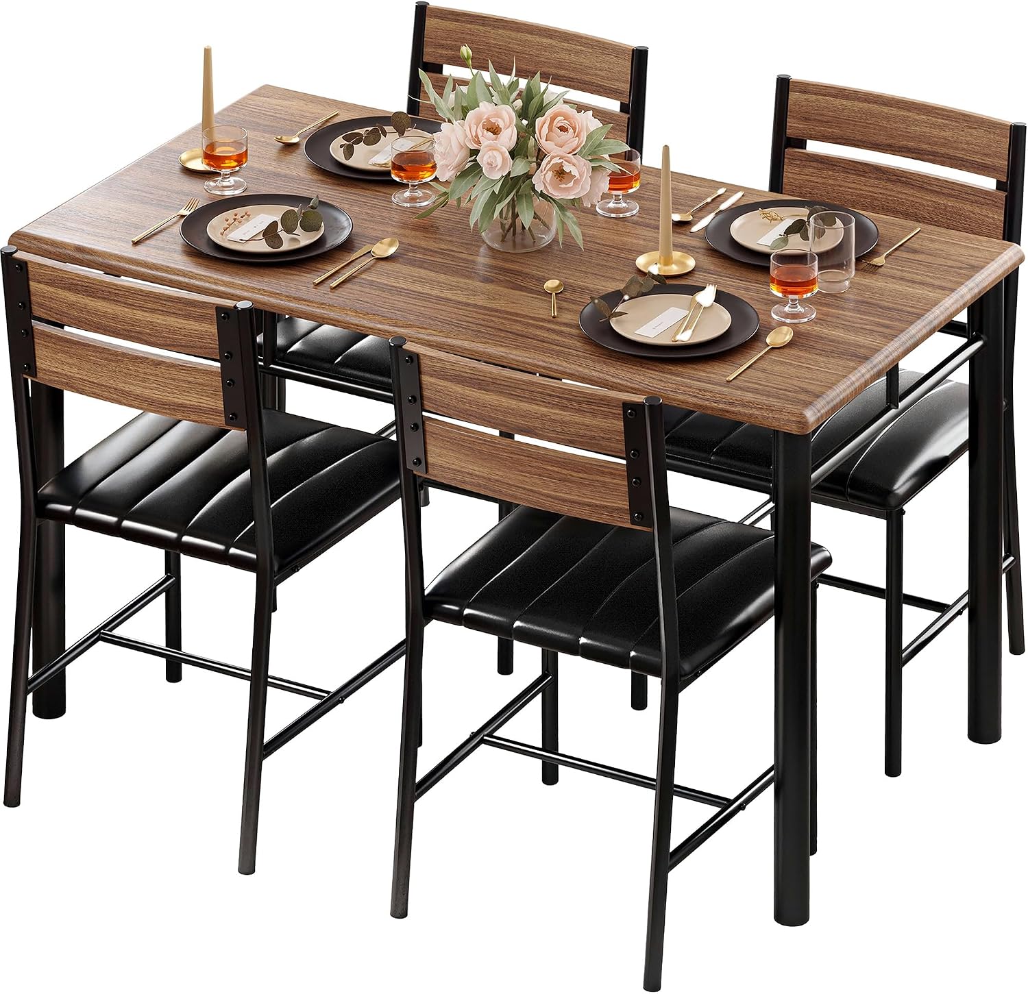 IRONCK Dining Table Set for 4, Walnut | Wood Kitchen Table with Upholstered Chairs for Kitchen Room and Small Spaces