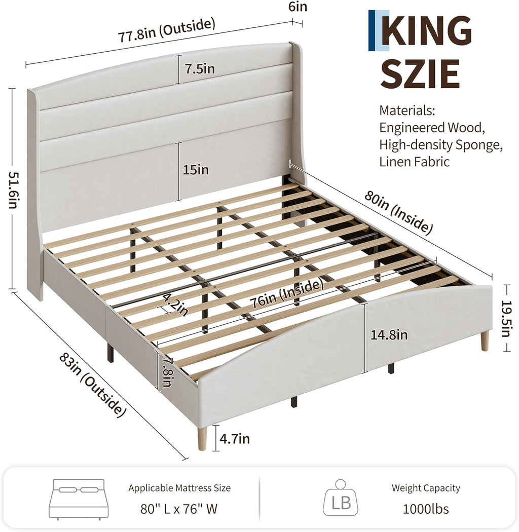 Garvee King Size Bed Frame,Upholstered Platform Bed with Wingback Headboard