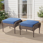 Outdoor Patio Ottomans Set of 2, Outdoor Wicker Footrest Seat with Removable Cushions, Patio Footrest Extra Seating for Deck Porch Sunroom Backyard, Blue
