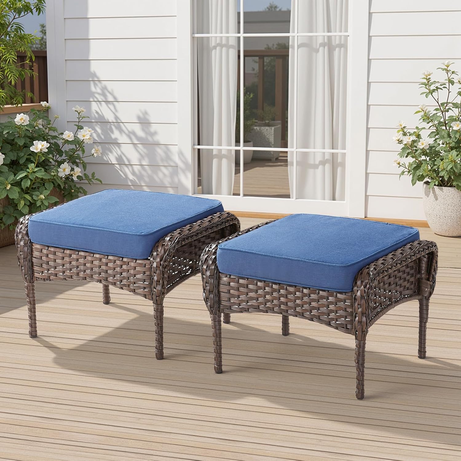 Outdoor Patio Ottomans Set of 2, Outdoor Wicker Footrest Seat with Removable Cushions, Patio Footrest Extra Seating for Deck Porch Sunroom Backyard, Blue