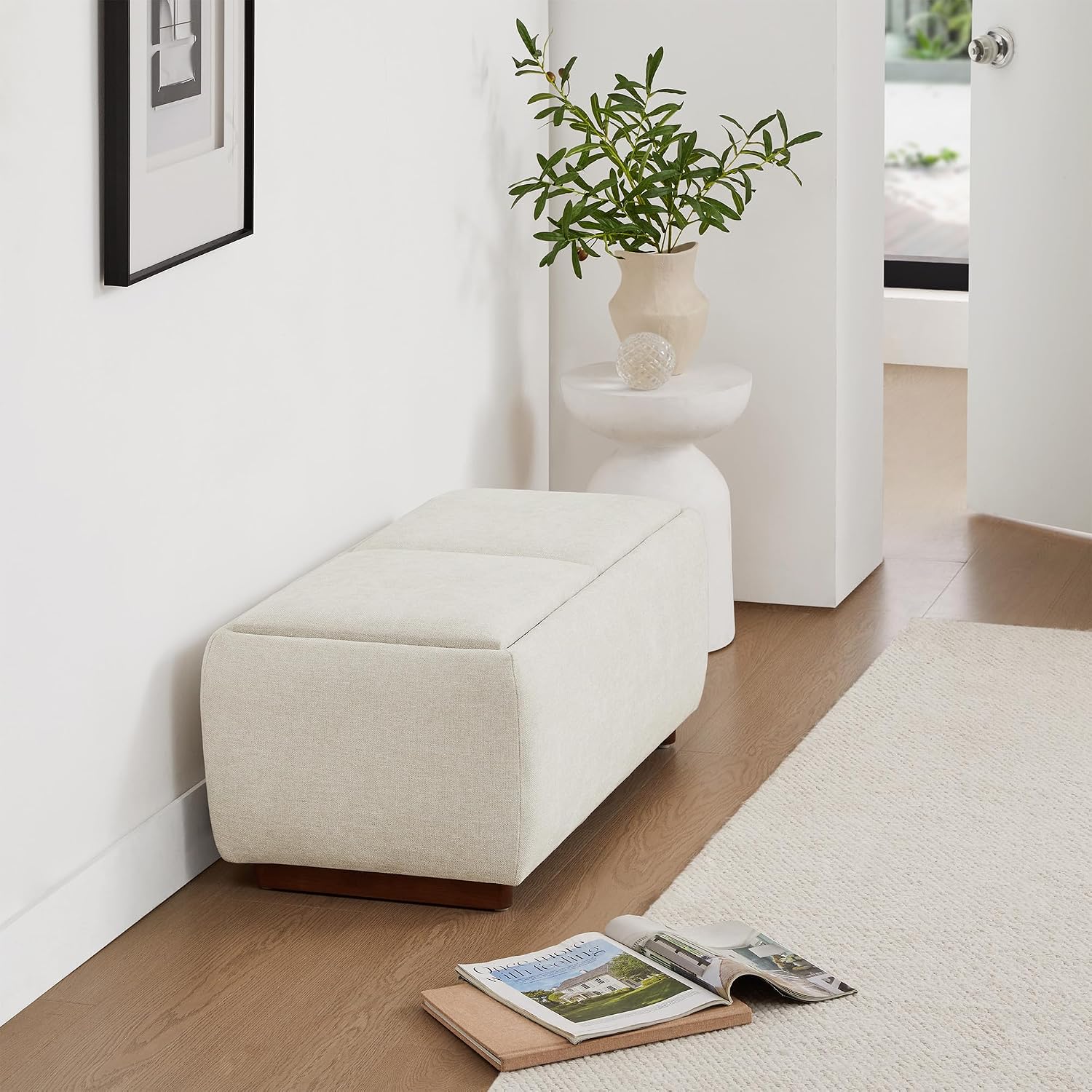 CHITA Storage Ottoman with Tray Lids, FSC Certified Small Rectangular Bench for Living Room, Bedroom, Fabric in Linen