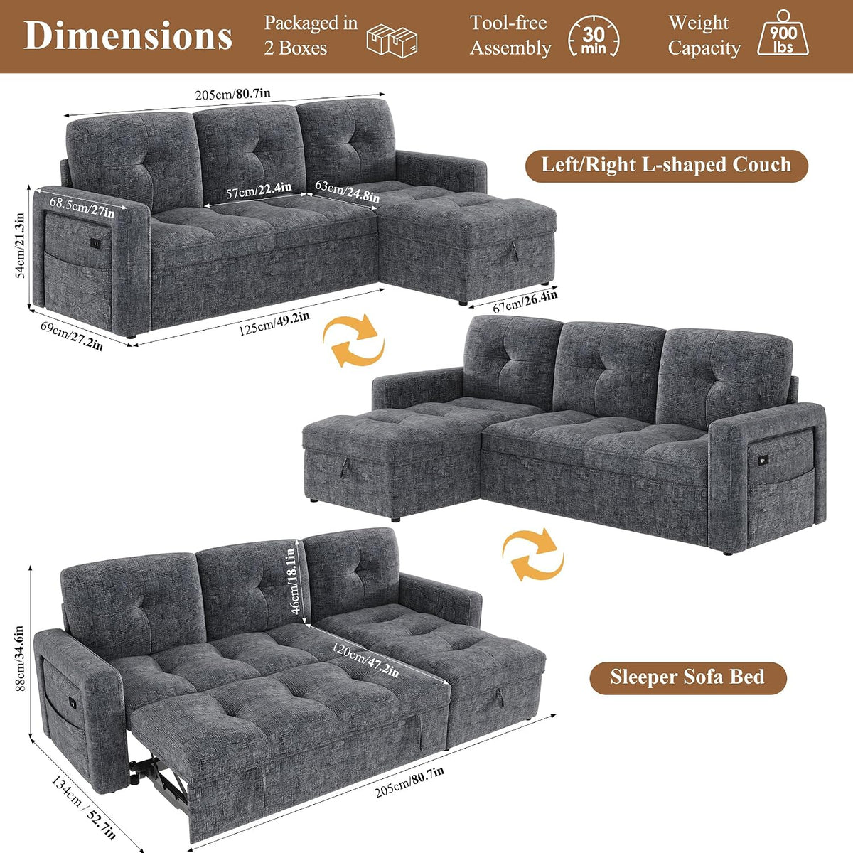 81'' LED L-Shaped Sectional Couch for Living Room, Sleeper Sofa Bed, Grey | Comfy Chenille Cloud Couch, Pull Out Bed, Storage Chaise, 5-level Adjustable Backrest, USB Charging, 2 Pillow, 900LB Capacity