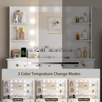 HUANLEGO Vanity Desk with Mirror and Lights, Makeup Vanity with Charging Station & Vanity Stool, 3 Drawers and Cabinets White Vanity Mirror with RGB LED Lights Vanity Desk and Chair for Women
