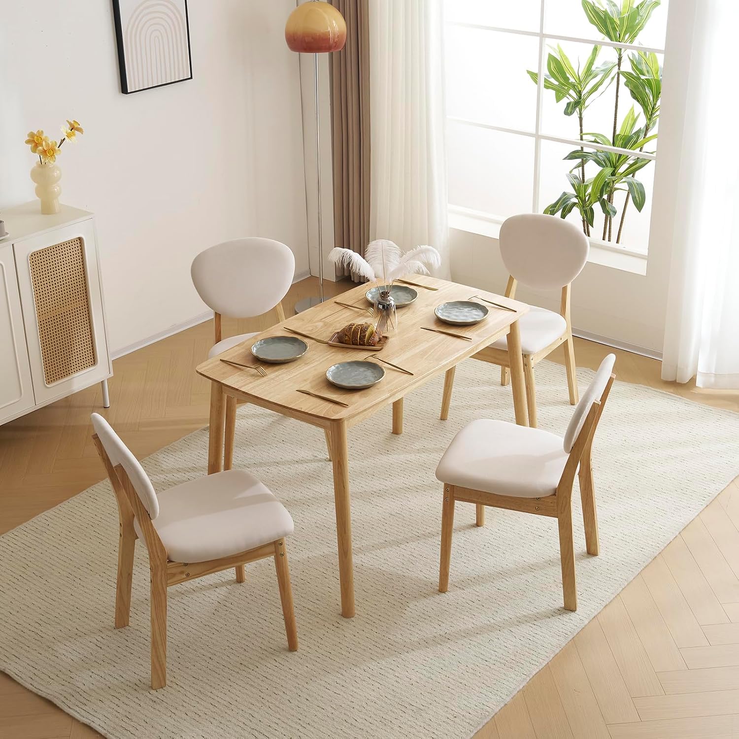 Karl home 5-Piece Dining Table Set for 4, Solid Wood Frame, Nature | Mid-century modern dining table with chairs, padded seats & backrests,compact design, for kitchen/small apartment/dining room