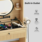 IRONCK Small Vanity Desk with LED Mirror, Glass Top & Storage Stool | 26-inch oak vanity with adjustable mirror arm, 3 light modes, 2 drawers, charging station, and tuck-away storage stool.