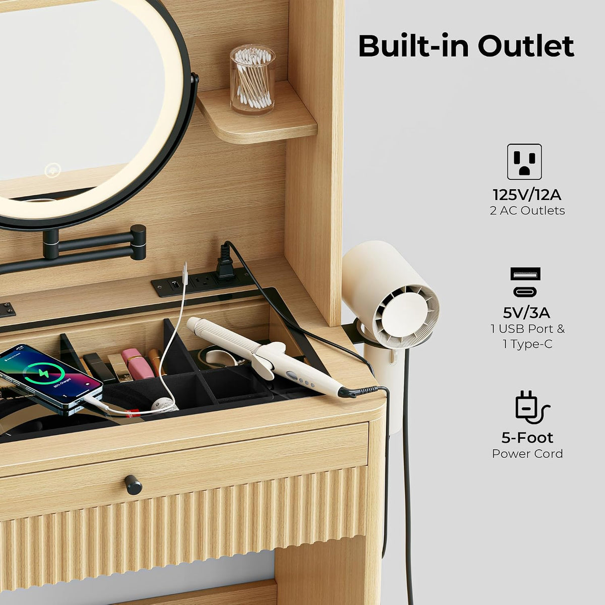 IRONCK Small Vanity Desk with LED Mirror, Glass Top & Storage Stool | 26-inch oak vanity with adjustable mirror arm, 3 light modes, 2 drawers, charging station, and tuck-away storage stool.