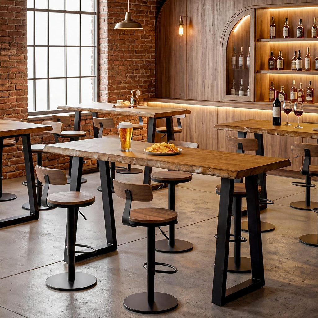 63” Solid Wood Bar Table, Commercial Grade Counter Height Table with Metal Legs, Heavy Duty Long Pub Table for Restaurant, Bar, Café & Hospitality Use, Rustic Brown Black