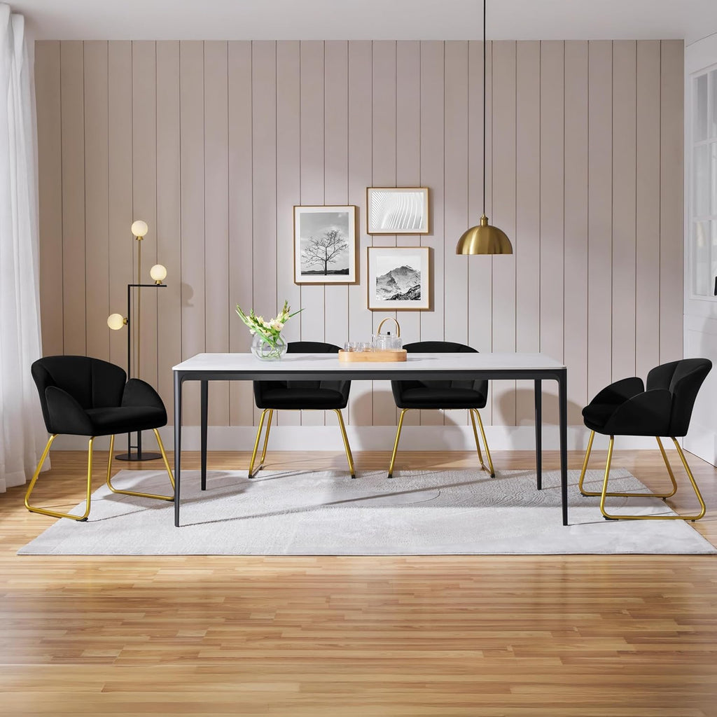 Yaheetech Upholstered Petal Dining Chair, Modern Velvet Bucket Dining Chair with Curved Back and Gold Metal Legs for Dining Room/Kitchen, Black