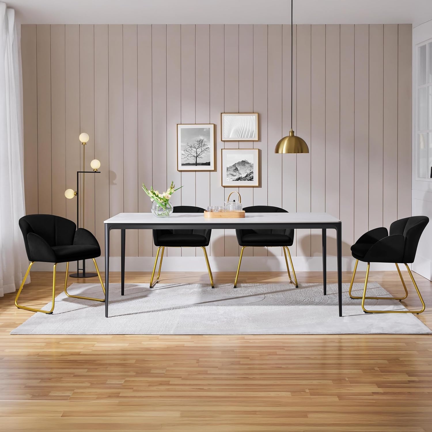 Yaheetech Upholstered Petal Dining Chair, Modern Velvet Bucket Dining Chair with Curved Back and Gold Metal Legs for Dining Room/Kitchen, Black