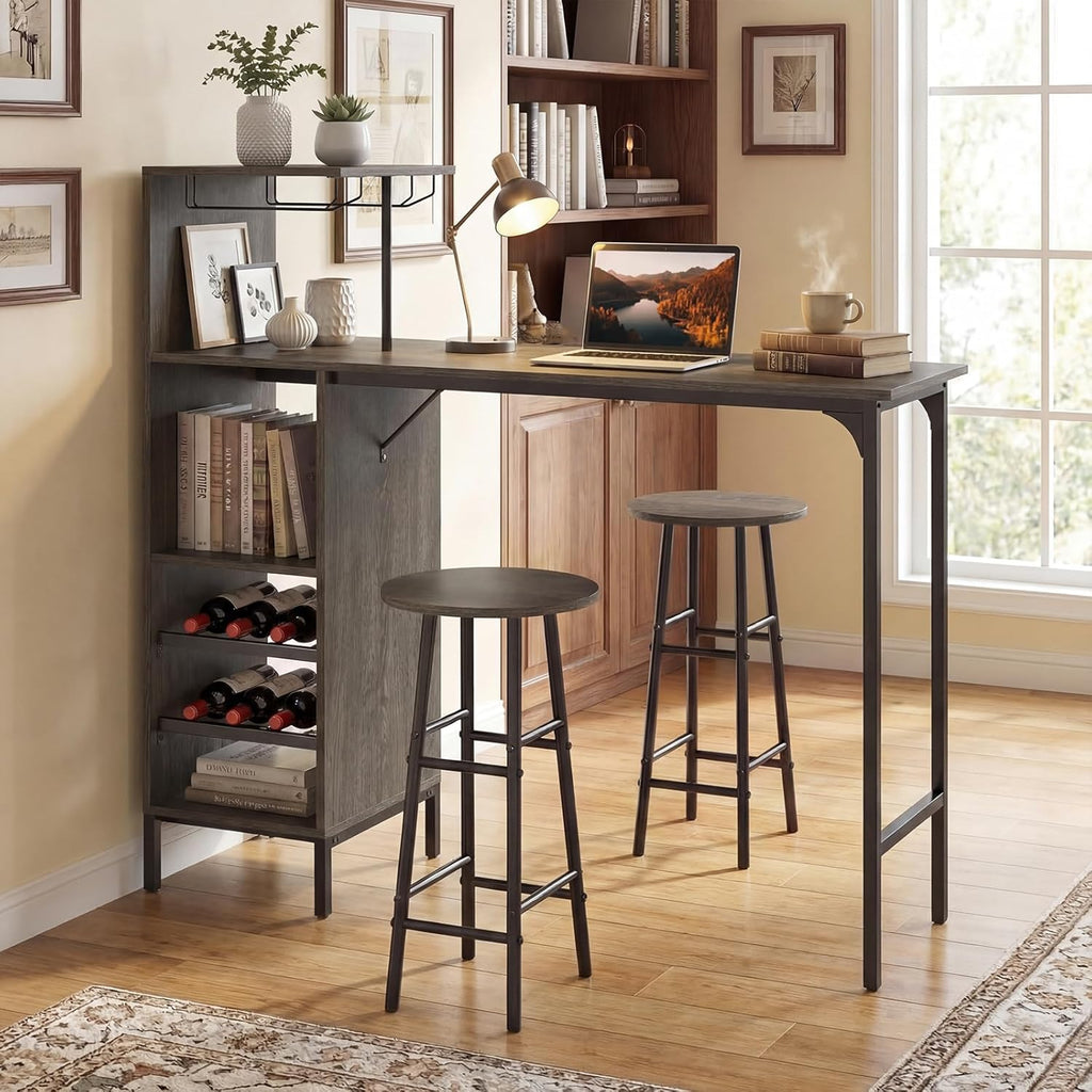 Giantex 3 Pieces Bar Table and Stools Set, Bistro Table Set with Glass Holder, 2 Tier Wine Rack & Storage Shelves, Kitchen Counter Table with 2 Stools for Home, Dining Room, Restaurant (Oak Gray)