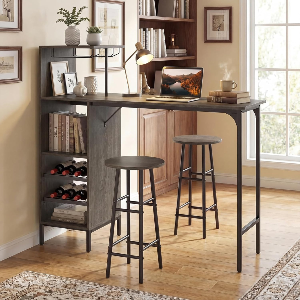 Giantex 3 Pieces Bar Table and Stools Set, Bistro Table Set with Glass Holder, 2 Tier Wine Rack & Storage Shelves, Kitchen Counter Table with 2 Stools for Home, Dining Room, Restaurant (Oak Gray)