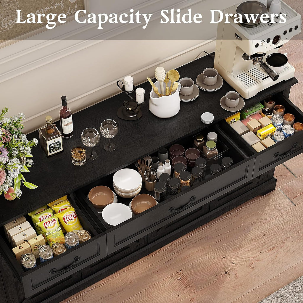 Vipbear 65" Large Sideboard Buffet Cabinet with Storage, Farmhouse Buffet Table Wine Coffee Bar Kitchen Storage Cabinet with 3 Drawers 4 Doors for Living Room, Kitchen, Dining Room, Black Oak