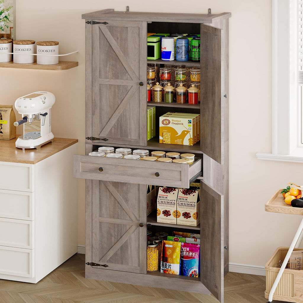 BORNOON Pantry Organizers and Storage Cabinet, 67.7” Barn Door White Kitchen Cabinet with Drawers and Adjustable Shelf, Tall Pantry for Kitchen, Dining Room, Living Room Bedroom