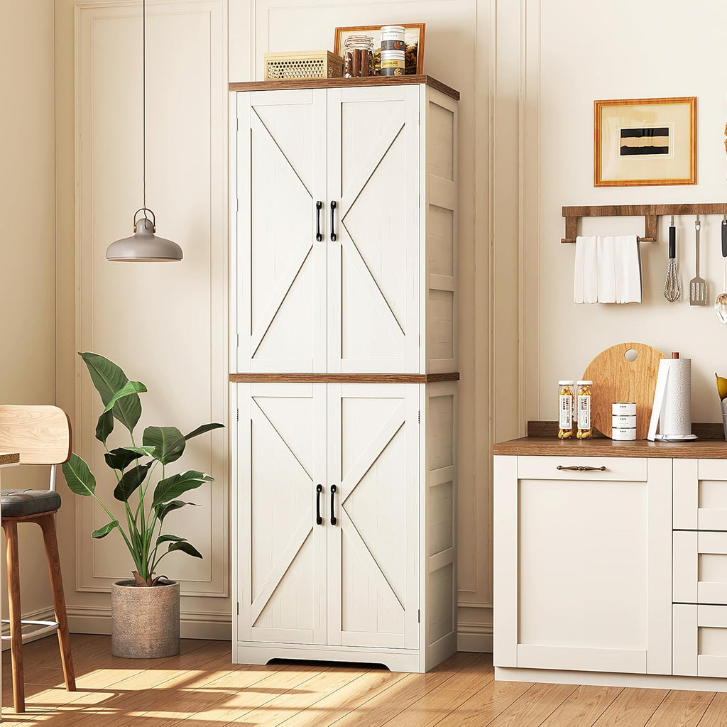 Yusong 72'' Farmhouse Kitchen Pantry Cabinet,Storage Cabinet with 4 Doors and Adjustable Shelves, Wooden Food Pantry Cupboard for Kitchen Dining Living Room Bathroom, Antique White with Wood Top