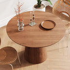 43" Round Dining Table Modern for 4, Natural Wood Grain Circle Kitchen Table with Cone Wood Pedestal Base, Mid Century Circular Dining Table for Living Room, Walnut