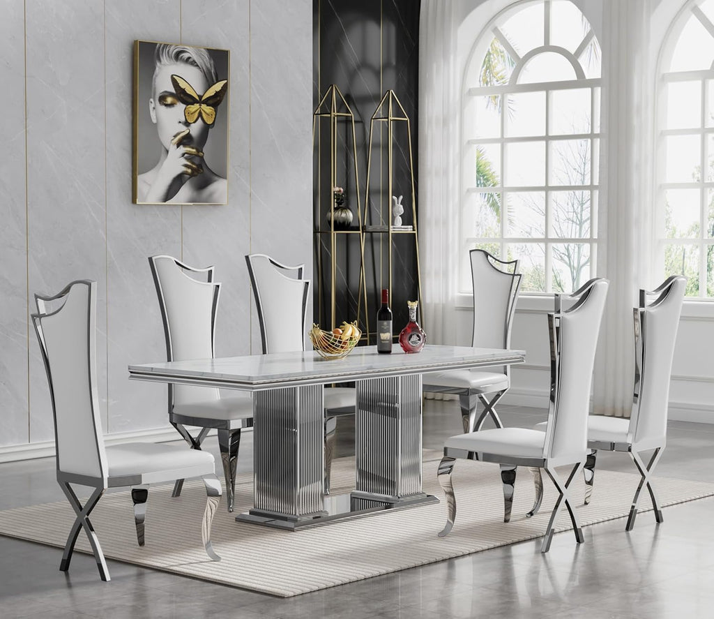 68 in Faux Marble Dining Table for 4-6, White Marble Dining Table with Silver Stainless Steel Base, Luxury Rectangular Dining Room Table for Kitchen, Living Room, Apartment, Family Meals, Dinner Party