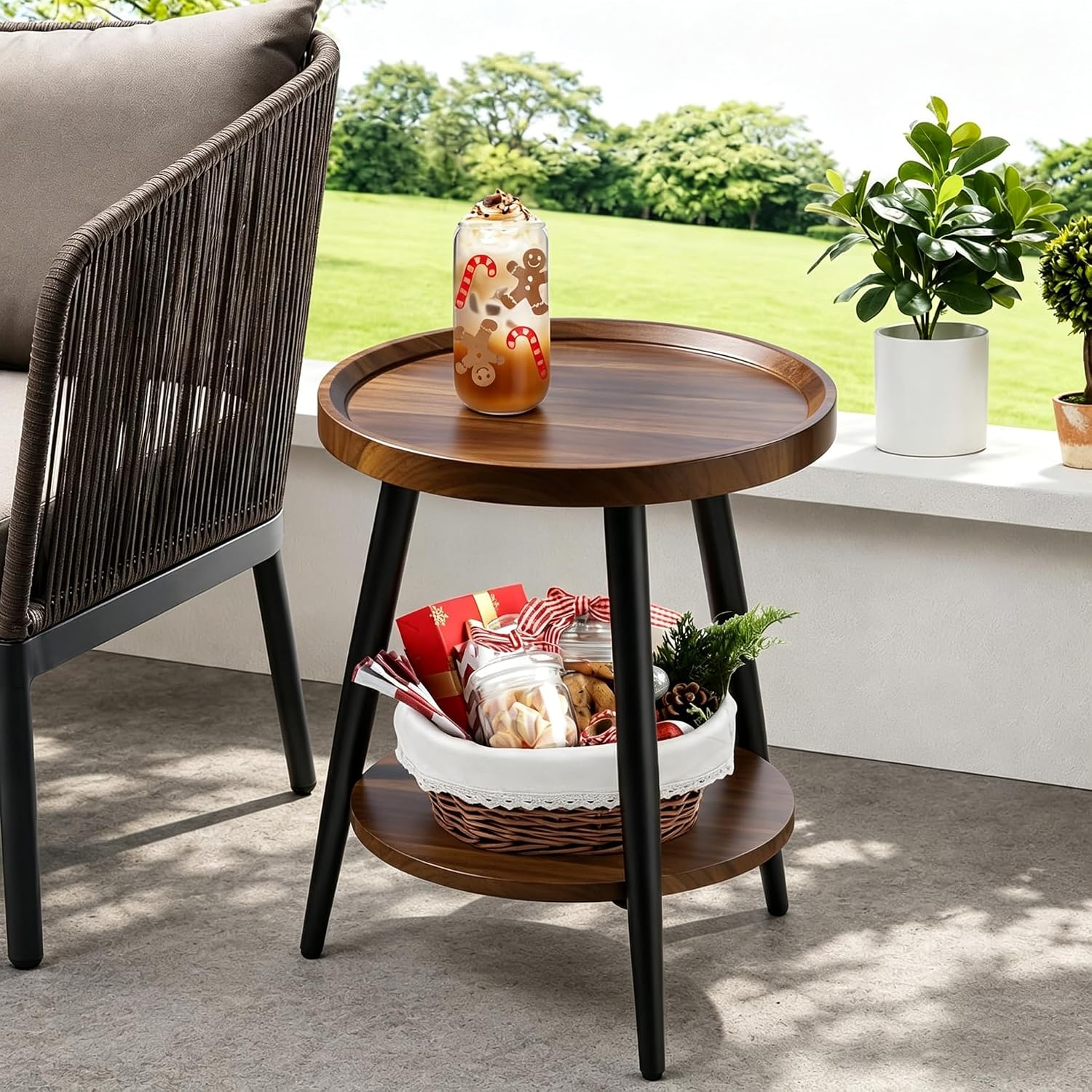 Small Round Side Table, 2-Tier Mid Century Modern Side Table, Round End Table Small End Table for Living Room, Metal Frames, Brown