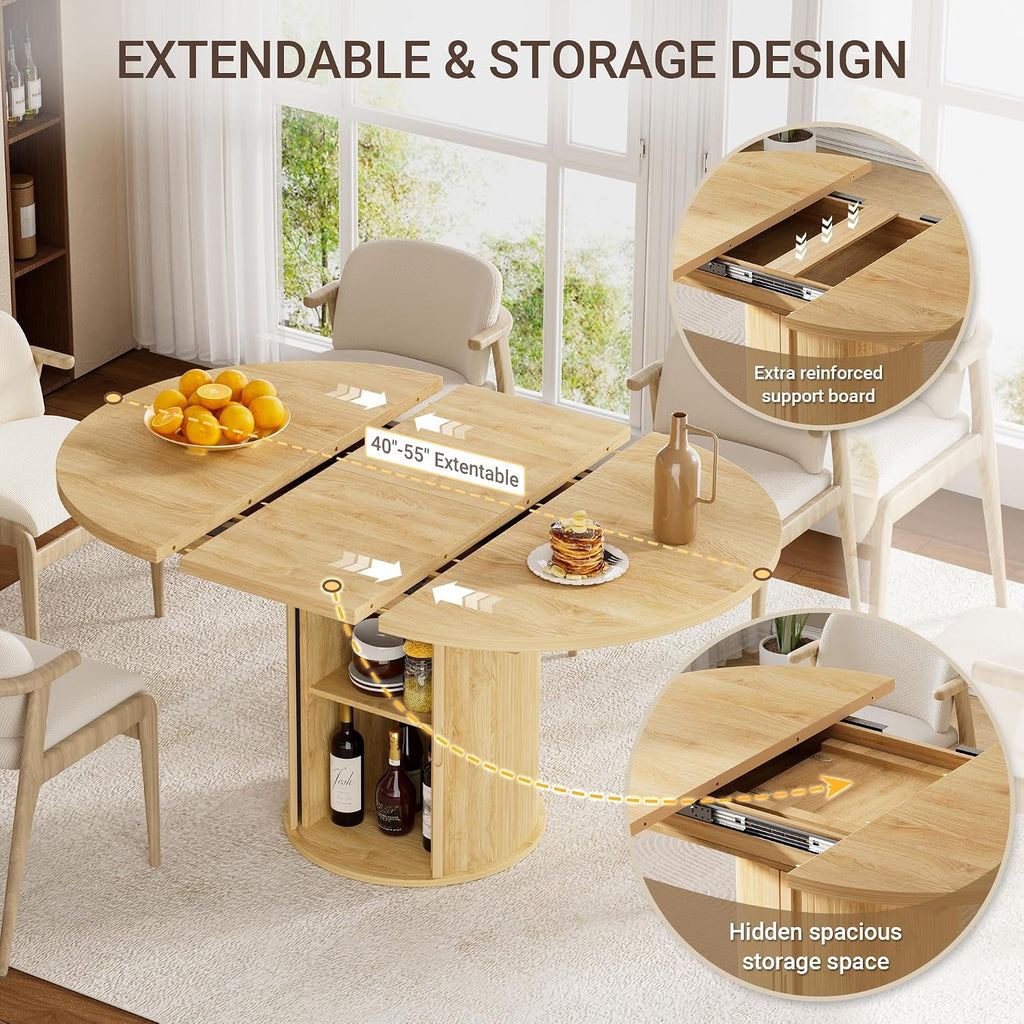 40-55in Extendable Round Table for 4-6, Multi-Use Oval Dining Table with Hidden Storage, Expandable Kitchen Table with Fluted Sliding Door Cabinet for Dining Room,Apartment or Meeting Room
