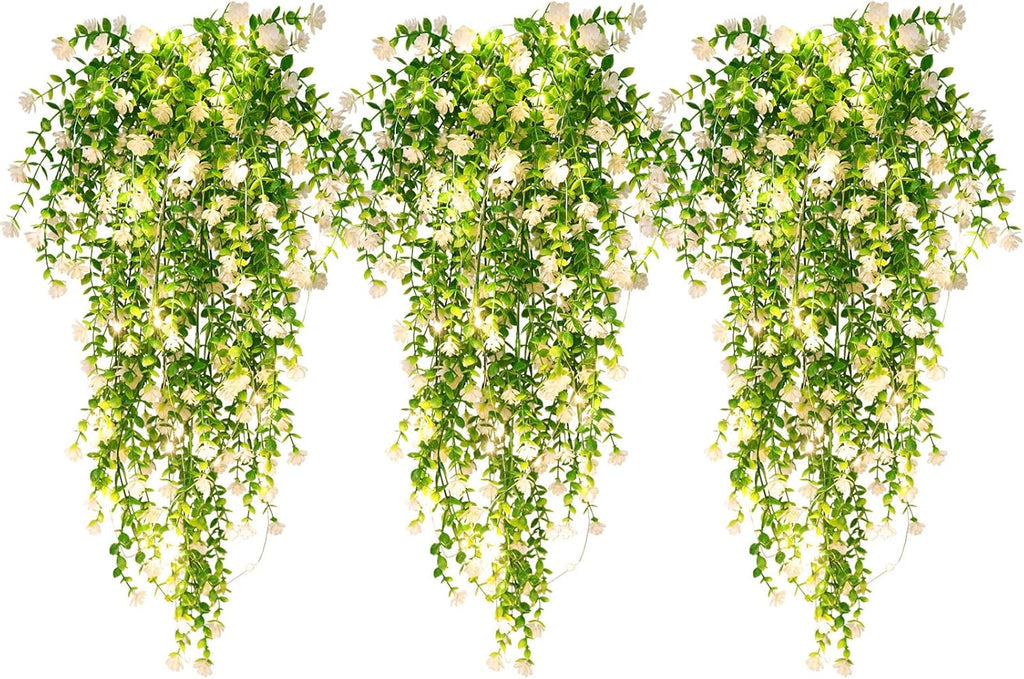 RECUTMS 3 Pcs Hanging Fake Plants Fake Vines Artificial Plants Large Faux Hanging Plant with 30 LED String Light, Artificial Greenery Wall Indoor Outdoor(White)